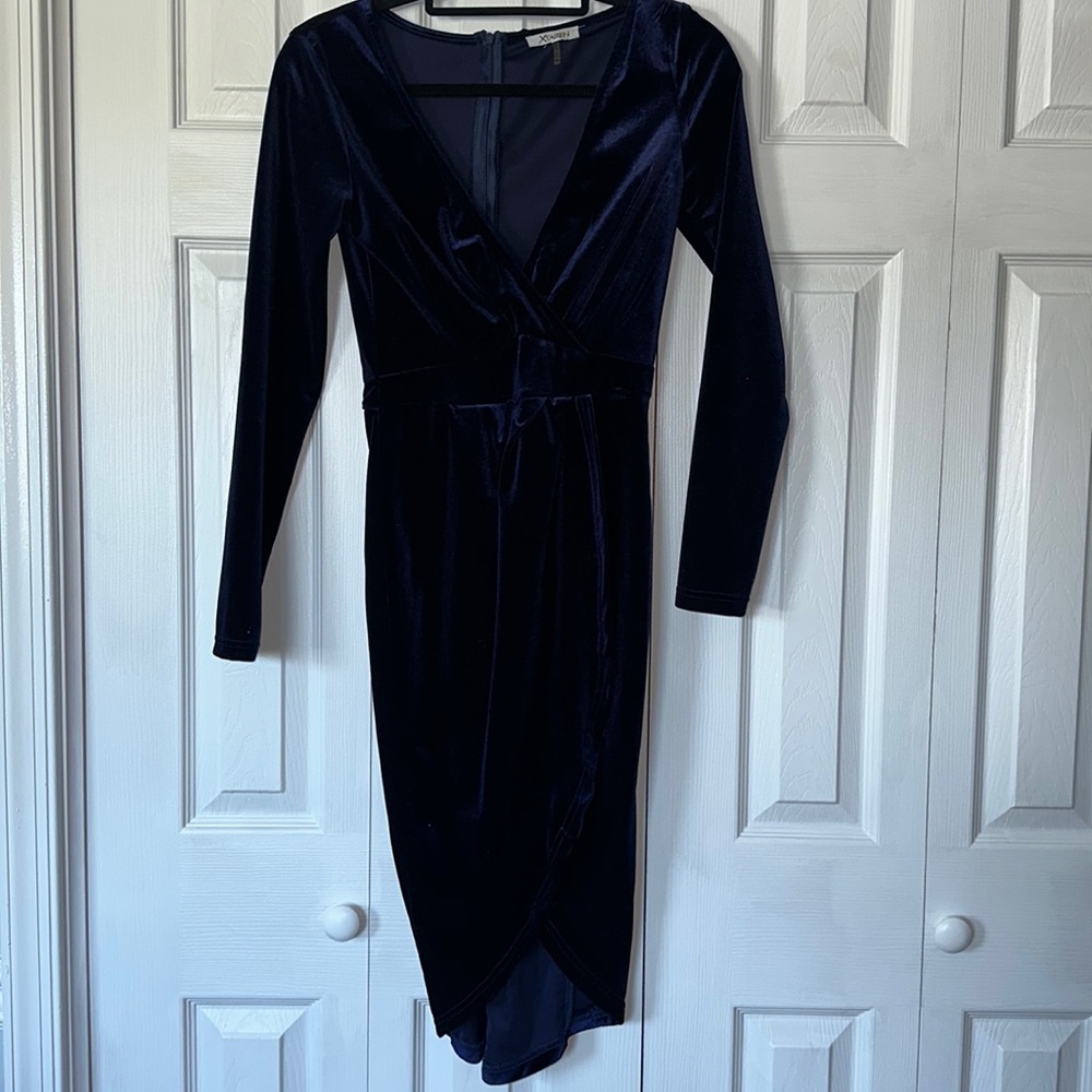 Xtaren brand - Dark blue velvet Tulip wrap dress, size S
